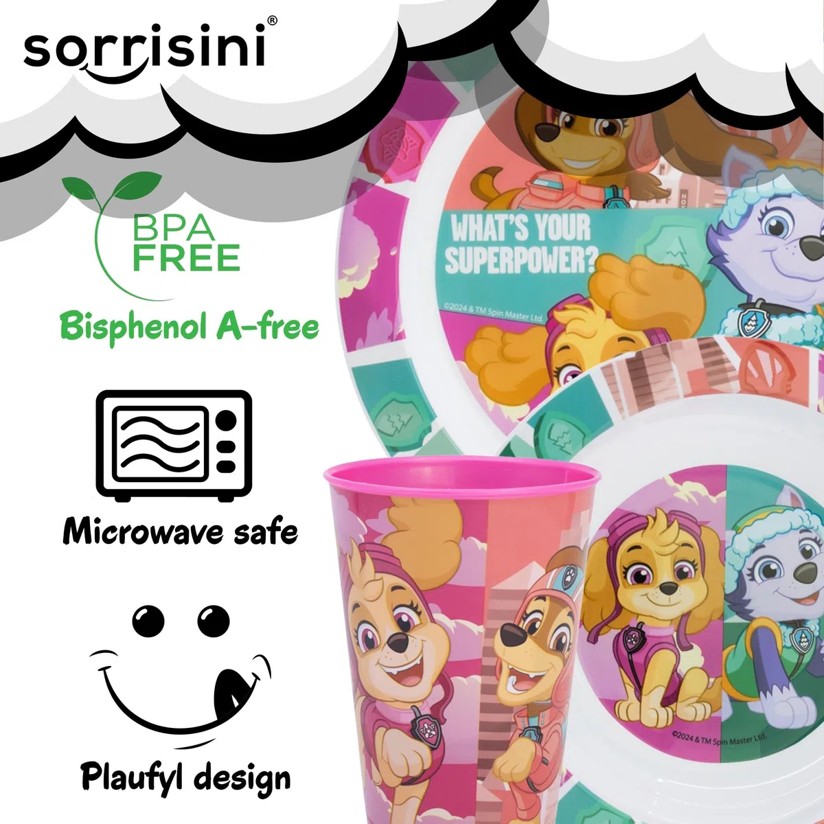 Set Stoviglie riutilizzabili Paw Patrol, Piatti Bambini per asilo scoula con piatto, ciotola, bicchiere, Set piatti in plastica dura adatta per microonde, Skye