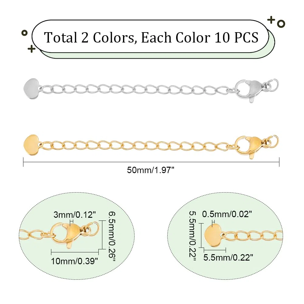 UNICRAFTALE 20 pz 2 Colori 50 mm 304 Set di Catene di Estensione in Acciaio Inossidabile Catene di estremità Code di Estensione con Fermagli e Estensore per Catena con Ciondolo A Cuore Piccolo