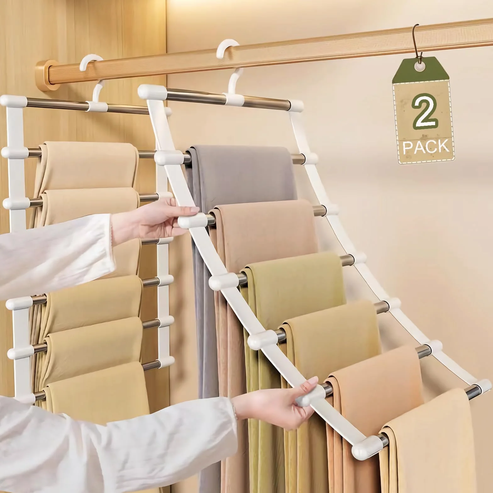 Appendi-pantaloni, confezione da 2 appendi-pantaloni a 6 livelli in acciaio inossidabile, salvaspazio per l'80% dell'armadio, per appartamento, dormitorio, appendere jeans, sciarpe