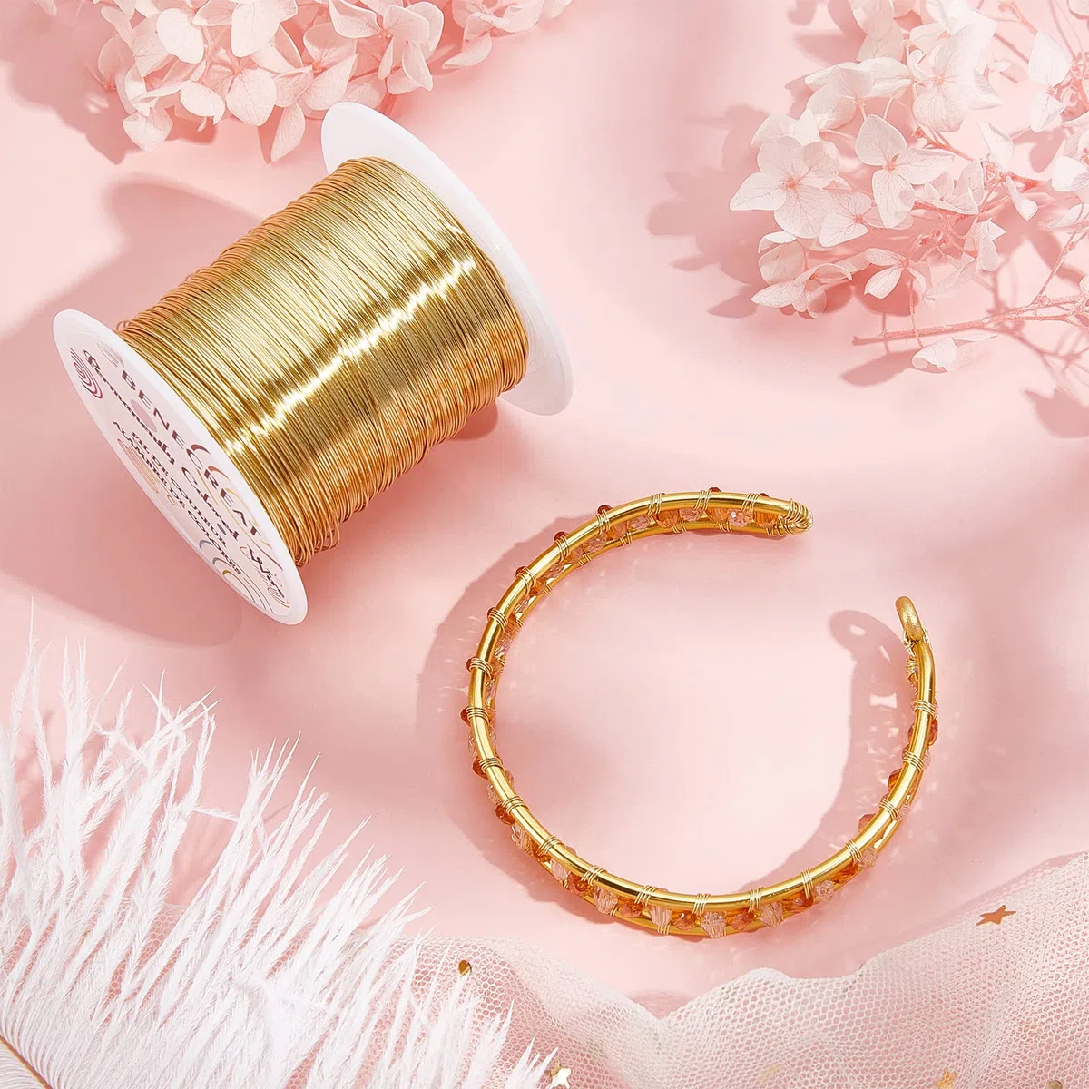 BENECREAT Filo di perle da 26 calibri, 0,4 mm, 120 m, filo di rame resistente all'ossidazione, per imballaggio di perle e altri lavori artigianali in oro chiaro