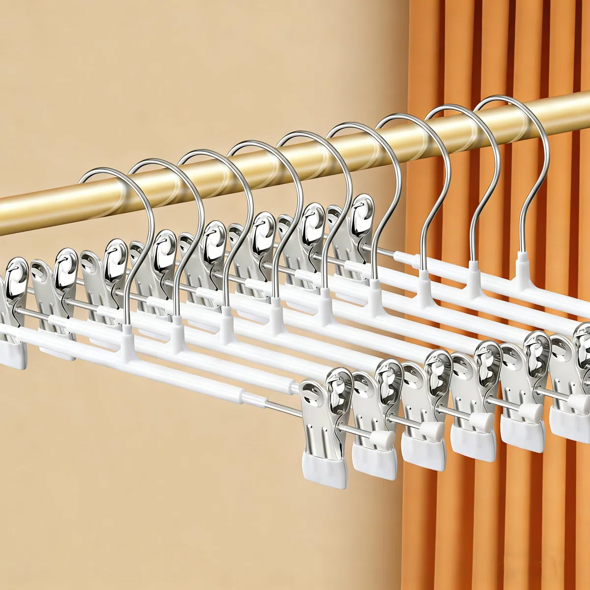 Grucce per pantaloni in metallo, 30 cm, 10 grucce con clip antiscivolo, resistenti alla ruggine, per pantaloni, pantaloncini, gonne, calze, biancheria intima (bianco)