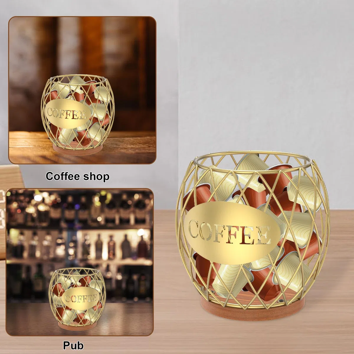 Cestino da caffè, 15 x 15 x 15,5 cm, in metallo, per capsule di caffè, per casa, cucina, bar, pub, bustine di tè (oro)