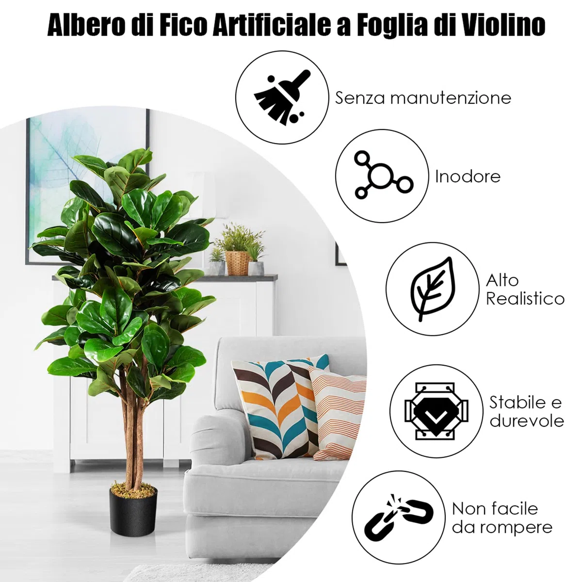 COSTWAY Ficus Lyrata Artificiale da 1,2 Metri, Pianta Finta con Foglie Realistiche in PEVA, Pianta Artificiale da Interno ed Esterno con Vaso in PP, Ideale per Casa e Ufficio