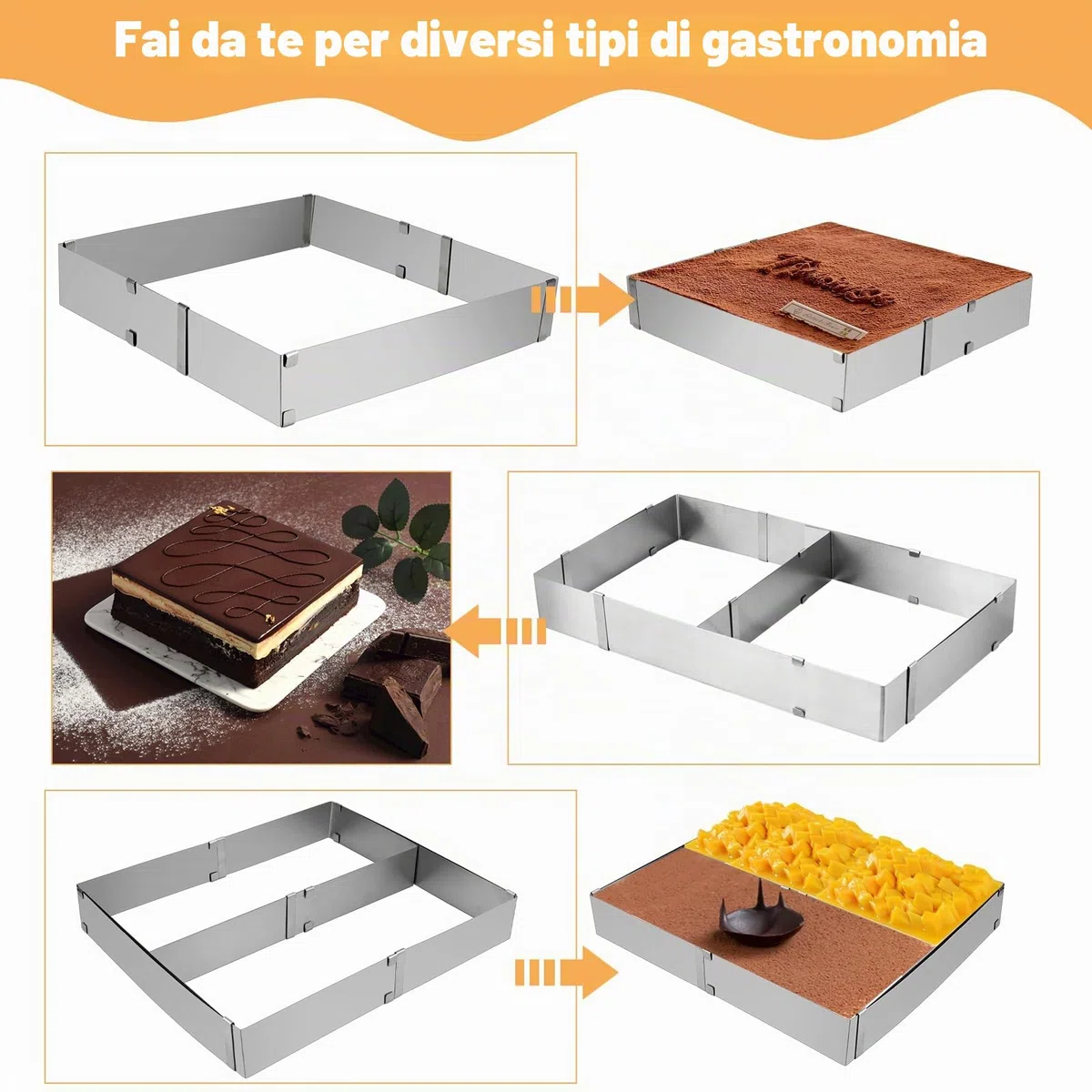 Stampo Rettangolare Torta, Anello per Dolci in Acciaio Inox con Divisore e Spatola, Regolabile 18-33 cm x 28-53 cm, Altezza 5 cm, Anello per Torte per Dolci, Pasticceria, Torte
