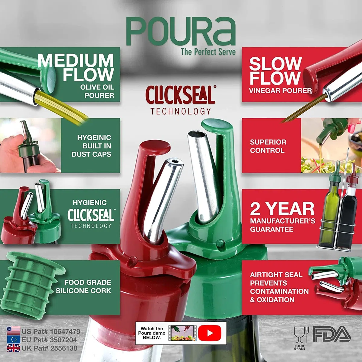 Poura Bottiglia olio d’oliva e aceto 500 ml – Con tappo salvagoccia ClickSeal in gomma naturale senza BPA – Set in vetro con imbuto in silicone – Accessorio da cucina