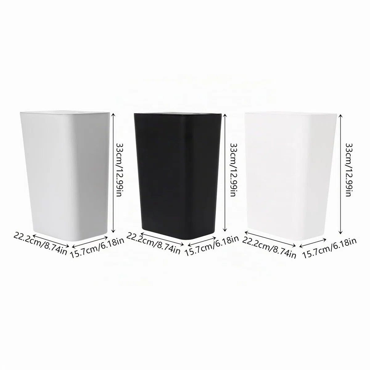 3 x 9L Pattumiera con coperchio, in plastica (PP), pattumiera piccola per cucina, bagno o ufficio, rettangolare, 22,2 x 15,7 x 33 cm, Nero, Bianco, Grigio