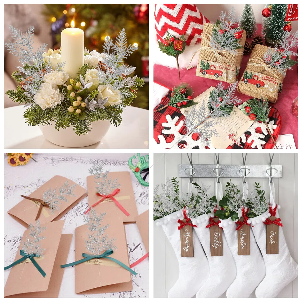 10 Pezzi Piante di Natale Artificiali Foglie di Natale Finte Foglie Decorative Arbusti di plastica per Feste Matrimonio Floreale Decorazione Natalizia di Halloween Argento