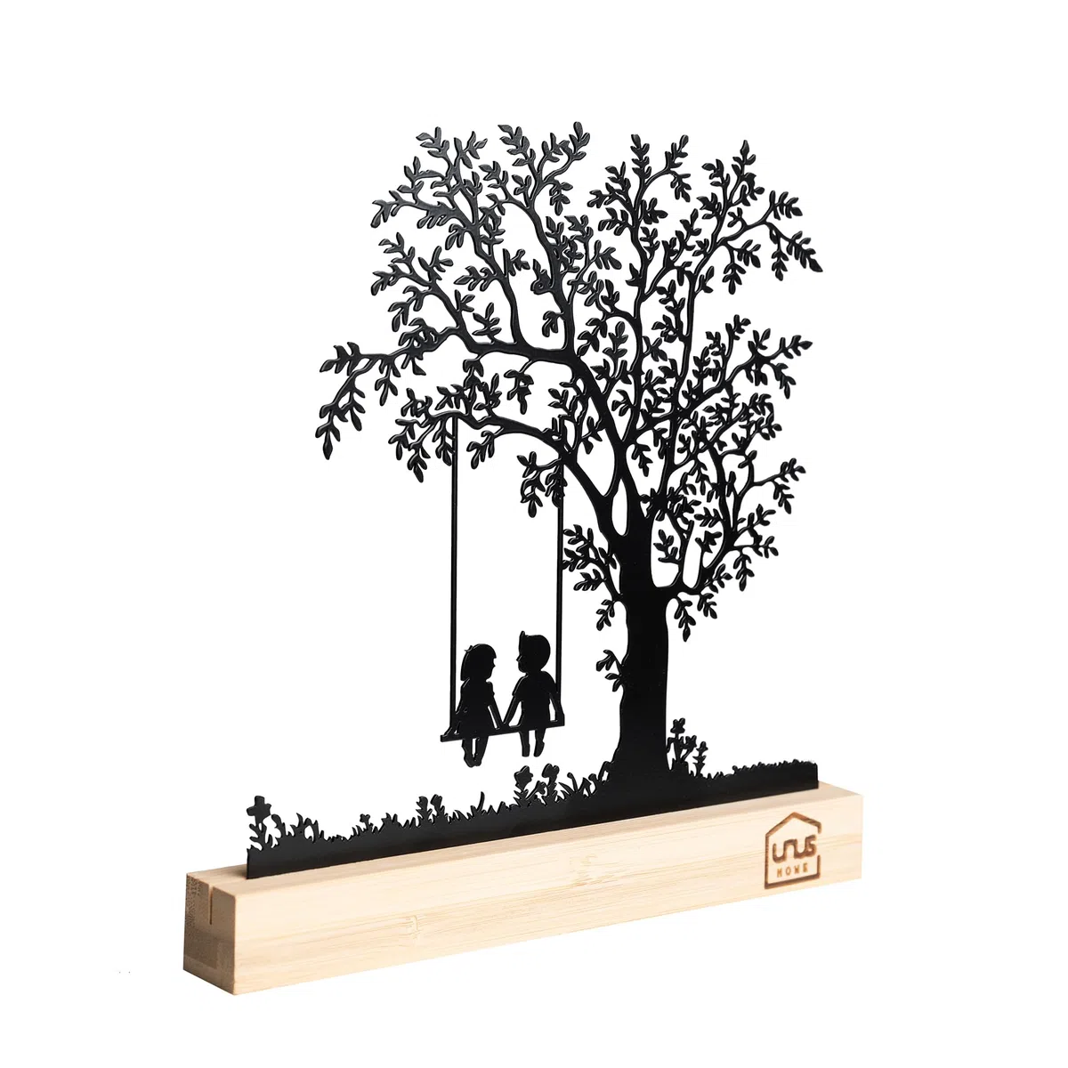UNUS Supporto decorativo per albero, bambini sull'altalena, supporto in metallo nero con base in bambù, decorazione per davanzale, tavolo da pranzo, soggiorno, decorazione primaverile