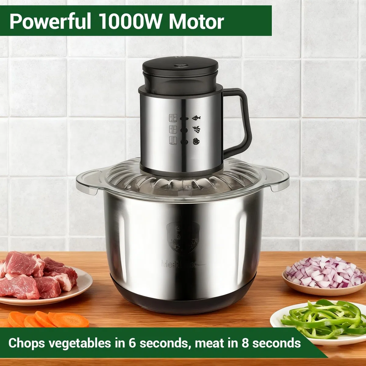 Tritatutto Elettrico 1000W, Robot da Cucina da 5L con 6 Lame in Acciaio Inox a Doppio Livello, 2 Velocità, Tritacarne da Cucina per Carne, Verdure, Frutta, Cipolla