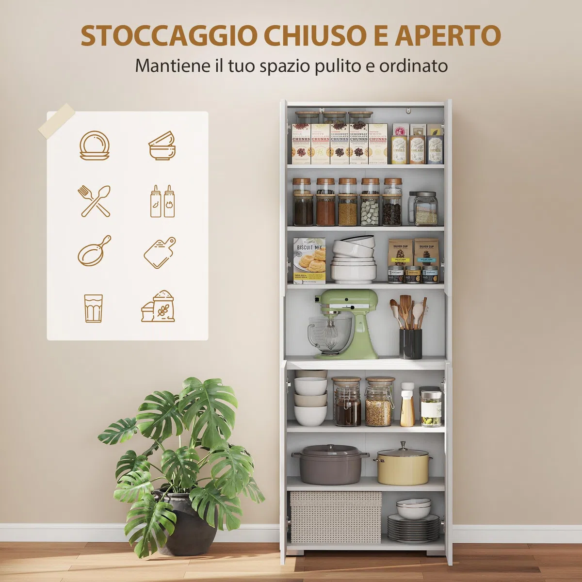 HOMCOM Credenza Cucina Alta 180 cm, Mobile Dispensa con 4 Ante Soft-Close, Ripiani Regolabili, Scomparto Aperto, 2 Armadietti, Mobile Cucina Moderno per Sala da Pranzo Soggiorno, Bianco Lucido