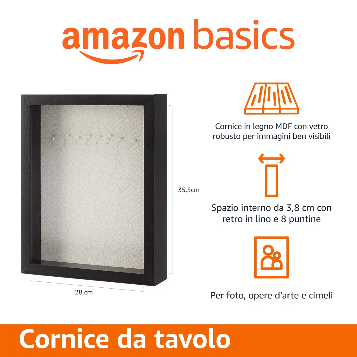 Amazon Basics - Cornice Rettangolare in Legno Stile Shadow Box/per Foto, 28cm x 35,5cm, Nero