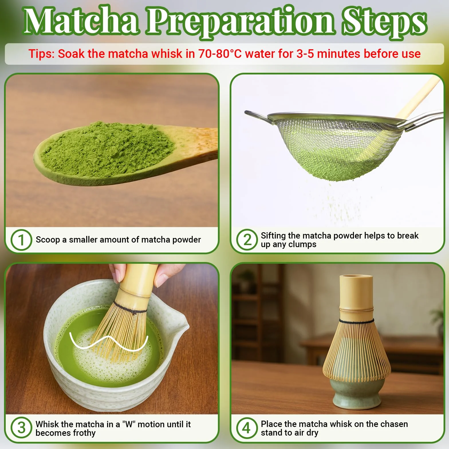 Alyvisun Matcha Kit, Matcha Set 5 Pièces AvecChasen Et Support Pour Fouet Matcha, Passoire, Cuillère À Thé, Spatule À Thé, Tea Kit a Pour Les Amoureux Du Matcha, Kit Matcha Débutants et Passionnés