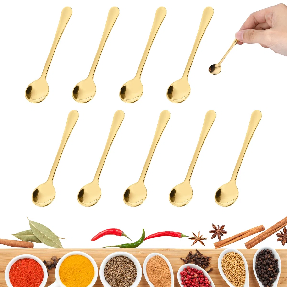 10 pezzi di cucchiaini da espresso mini, in acciaio inossidabile. Piccoli cucchiai compatti e portatili. Adatti per spezie, sale, miele, cucchiaini da tè, cucchiaini da caffè italiani (7,5 cm Oro)