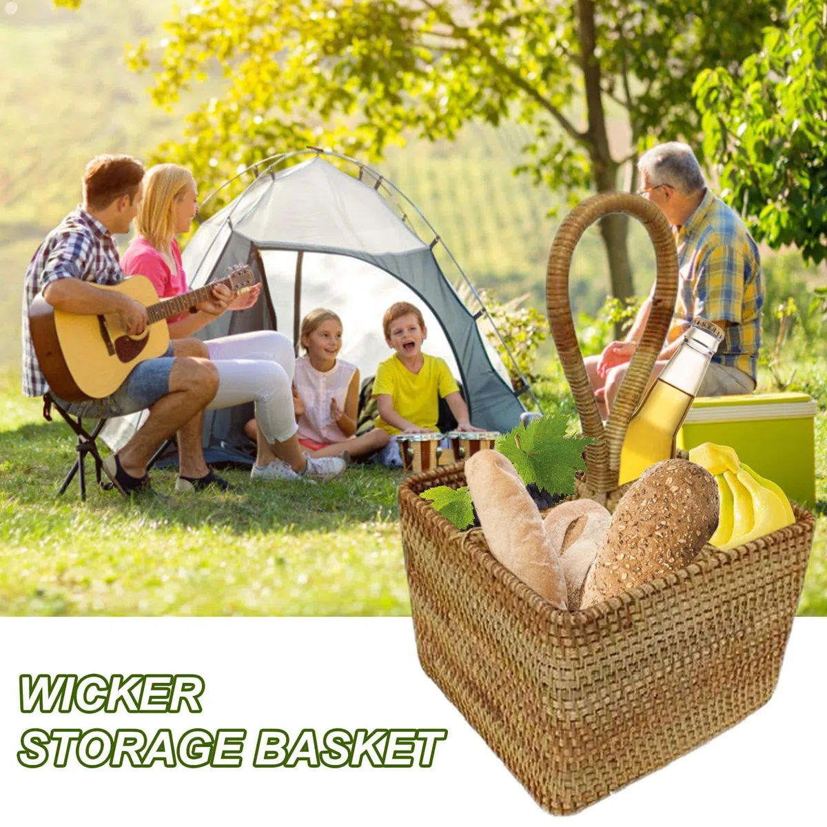 Cestino in vimini – Cesto portaoggetti in vimini naturale, intrecciato a mano, cestino da picnic 17,8 x 17,8 cm, manico lungo, 4 scomparti, cestino in rattan per picnic, bottiglie, posate, utensili da