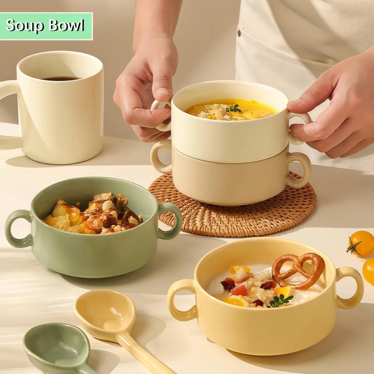 Piccola tazza da zuppa con manici, in tinta unita, 300 ml, per zuppa di cipolle, adatta al microonde e alla lavastoviglie