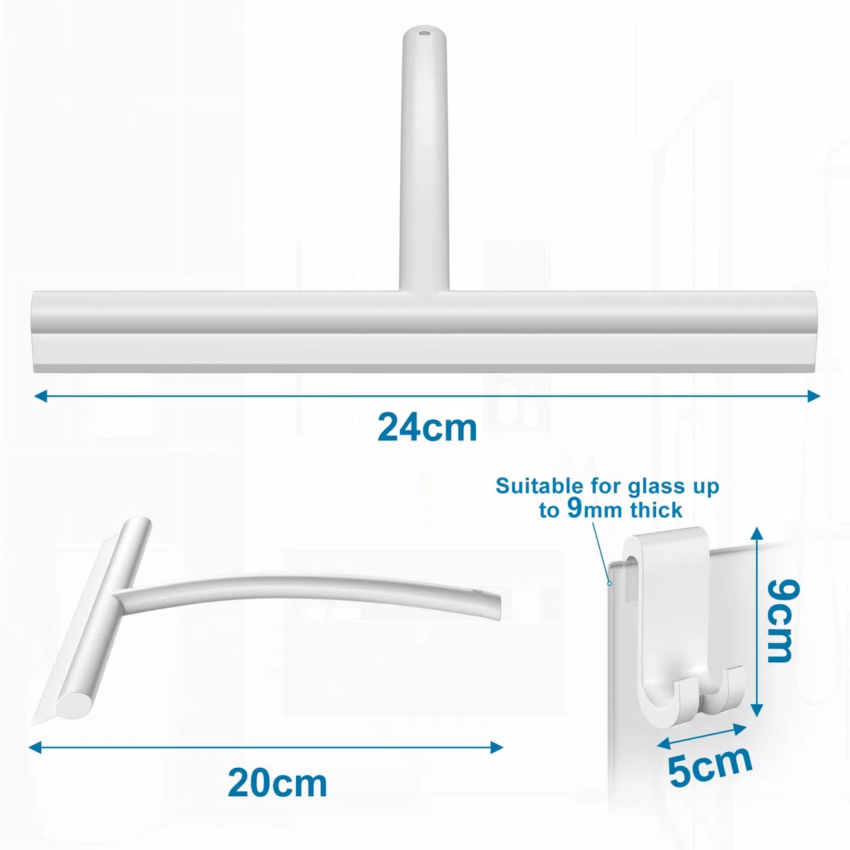 MOSUO Tergivetro per Doccia, Tira Acqua da Doccia Silicone con Gancio, Tergivetro Doccia Anima Acciaio Inox per Finestre, Specchi, Bagno Pulire Superfici Lisce - Bianco