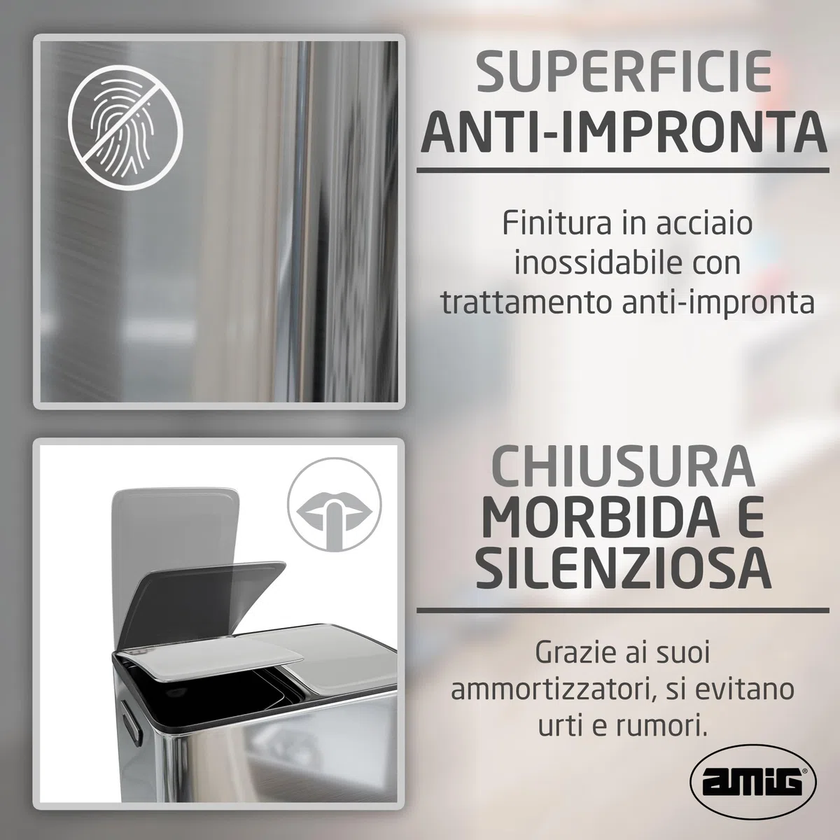 Amig - Pattumiera Doppia per Raccolta Differenziata con Pedali Mod. RECIK EVO 40 L - 2 Scomparti da 20 L ciascuno - Acciaio Inossidabile - 45 x 30 x 52 cm - Argento