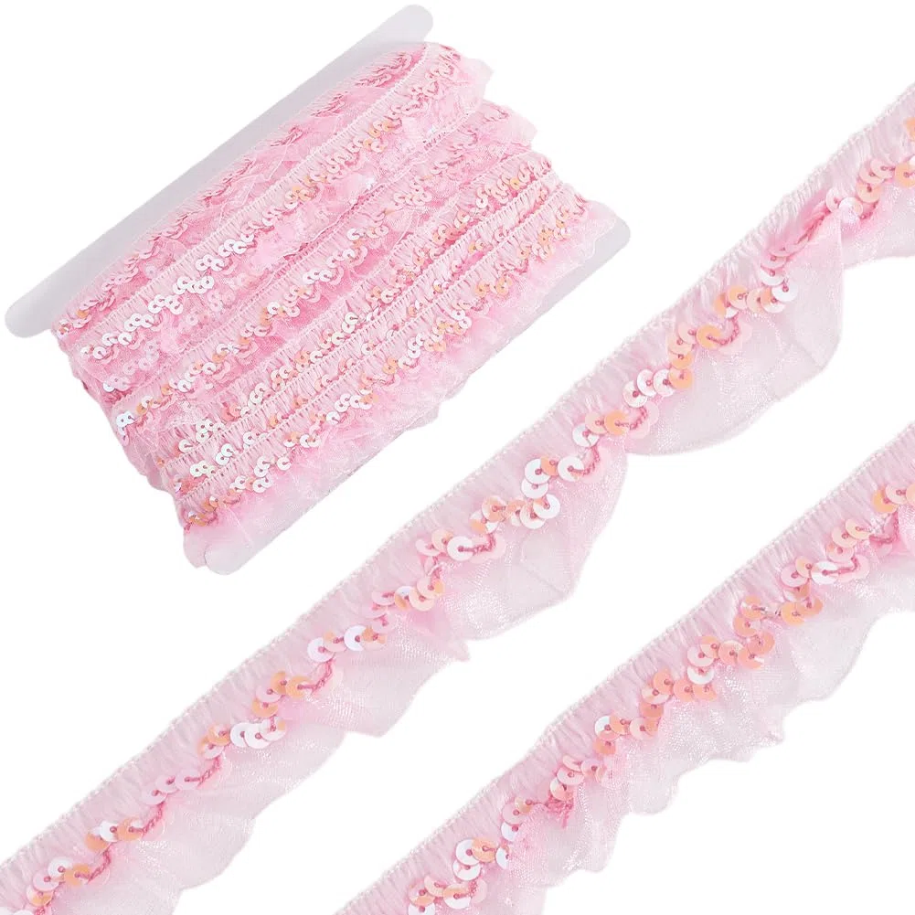 GORGECRAFT 11 m di Pizzo in Chiffon Plissettato Rosa con Paillettes, Elastico, in Organza, Nastro da 3cm, con Balze Arricciate, Elastico, per Cucire, Confezioni Regalo, Artigianato in Stoffa
