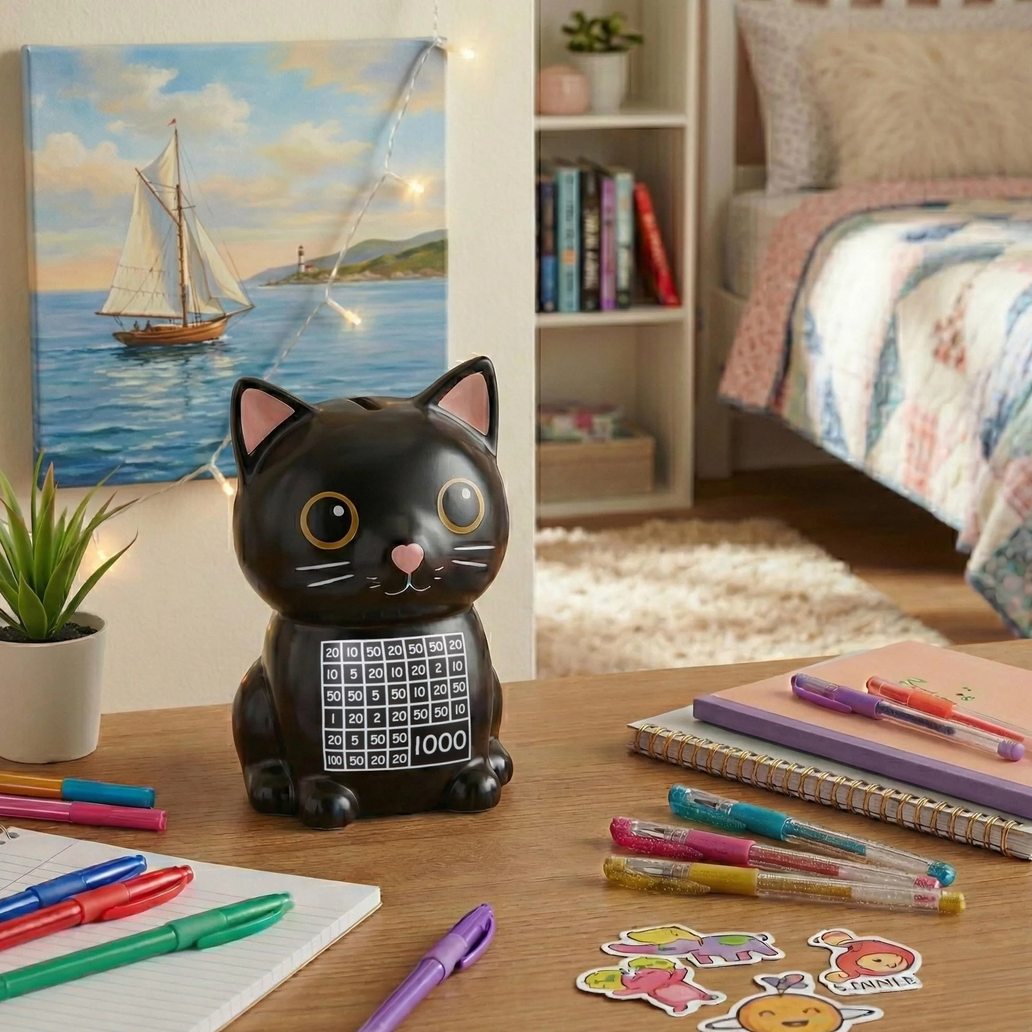 Froster Salvadanaio Conta Soldi - Gatto Nero, Salvadanaio 1000 euro con Contatore, Gatto Gadget in Ceramica, Altezza 15 cm