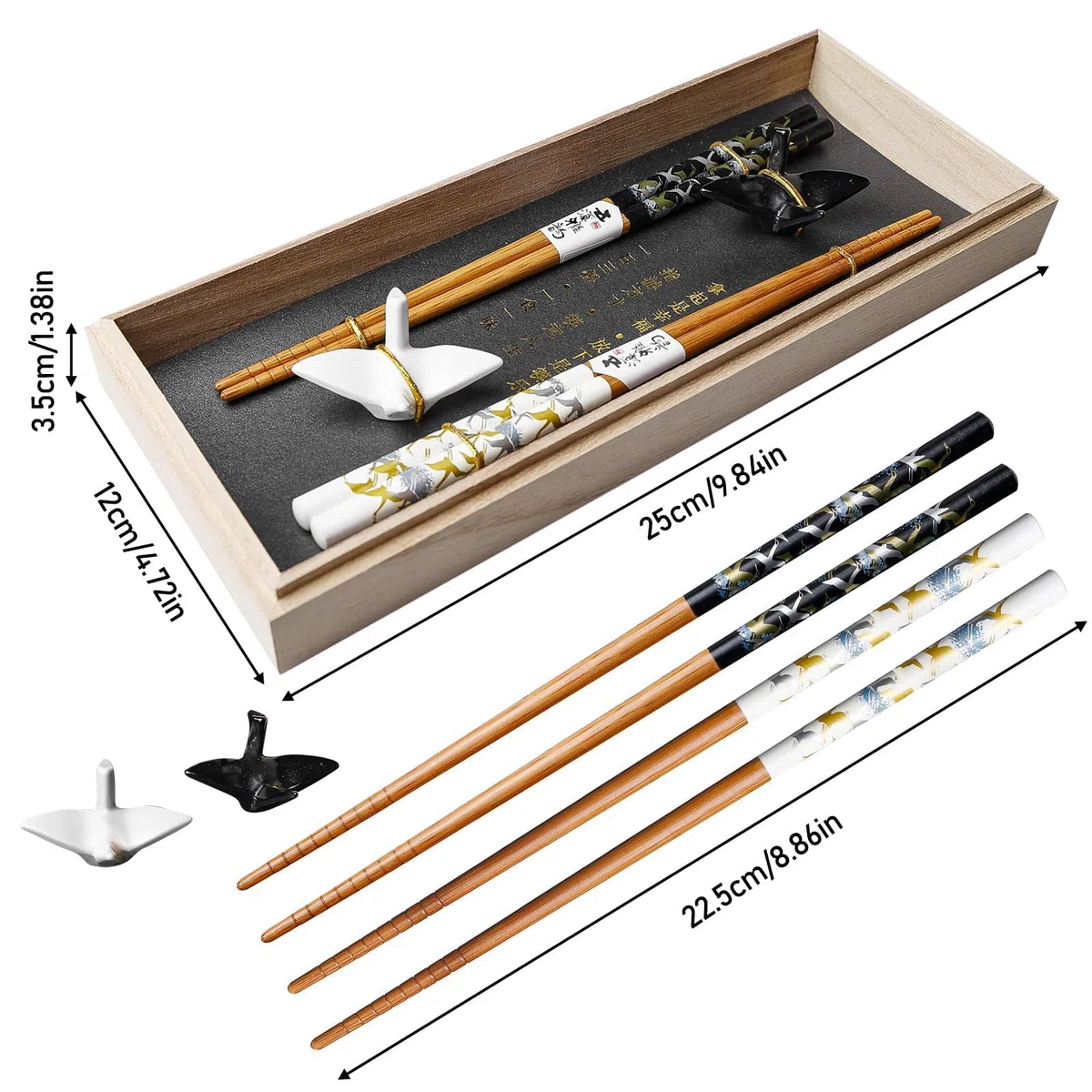 BAIFULAI Set di 2 bacchette per sushi in legno con supporto per gru in ceramica, sostenibili Chopsticks giapponese, cinese, coreano, taiwanese, regalo giapponese
