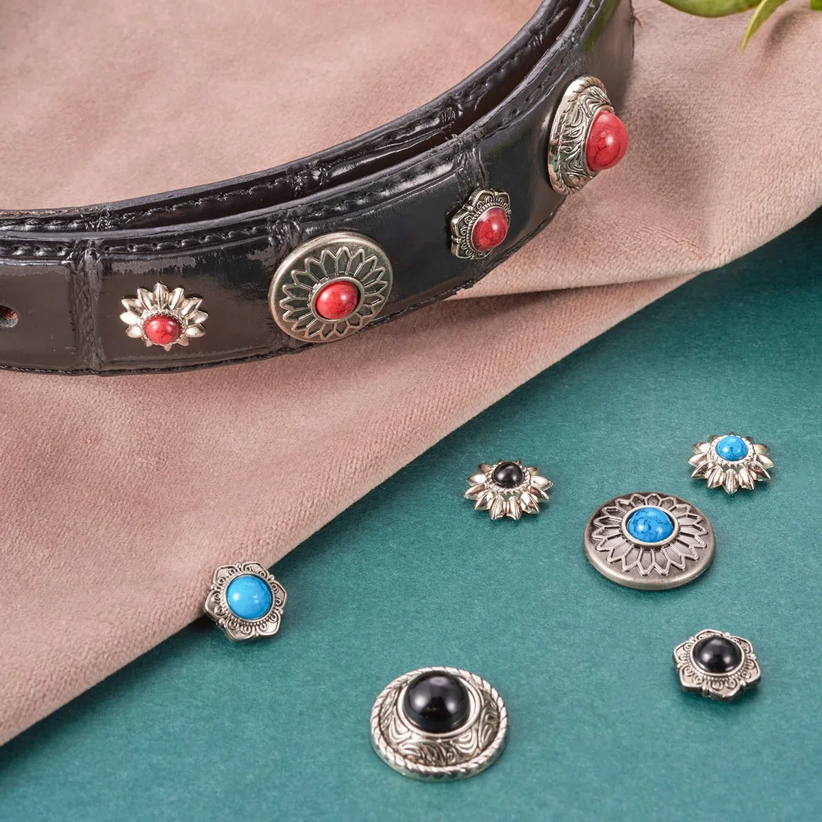 PandaHall, 24 set di rivetti con retro a vite - Borchie piatte e rotonde in pelle con fiori, per borsa, borsetta, scarpe, artigianato, vestiti, cintura