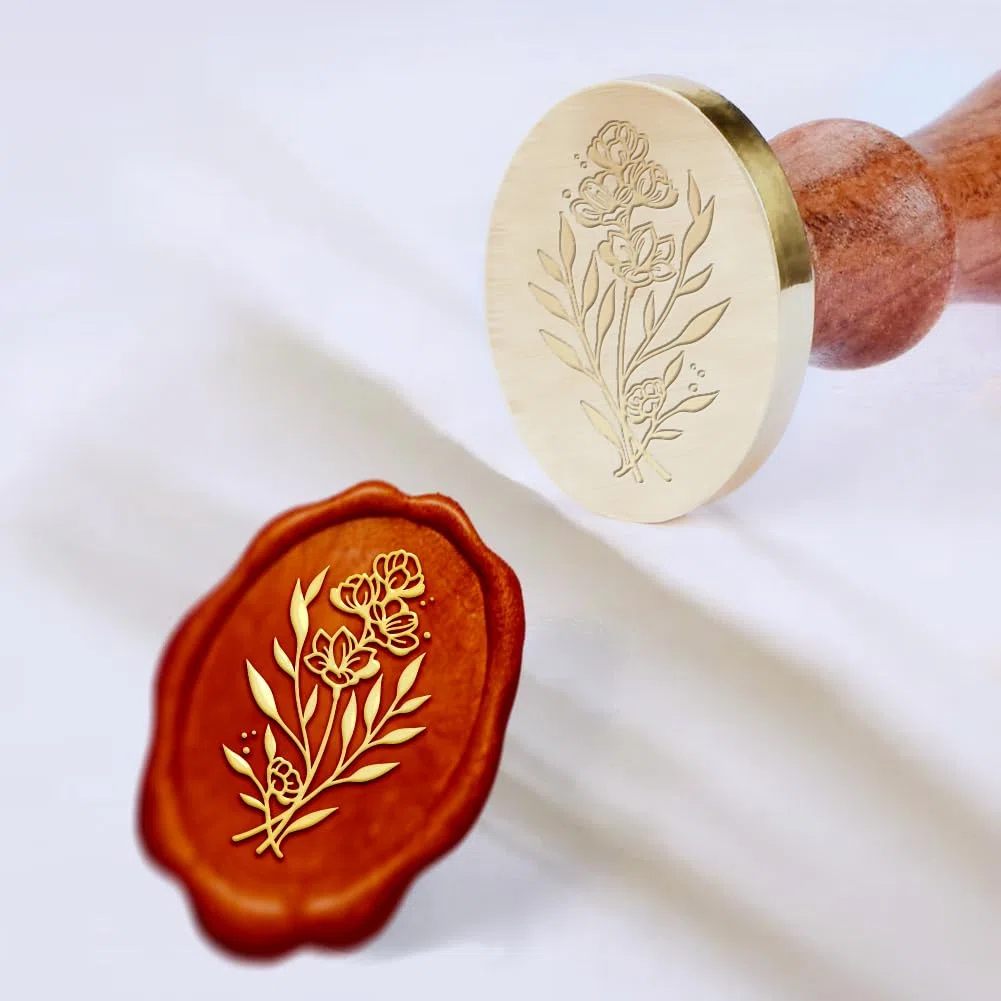 Timbro in stile retrò, con fiori di cera, intercambiabile, per fai da te, con sigillo vintage, con testa ovale in ottone, manico in legno, per San Valentino, inviti di nozze