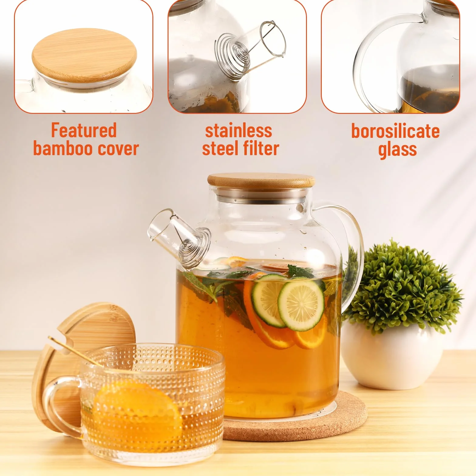Kasanni Teiera In Vetro 1.8 L Copertura In Legno Con Filtro Resistente Al Freddo e ai Calore, a Prova di Esplosione Teiera Vetro Borosilicato Adatto Per Tè, Tisane Profumate e Bevande Alla Frutta