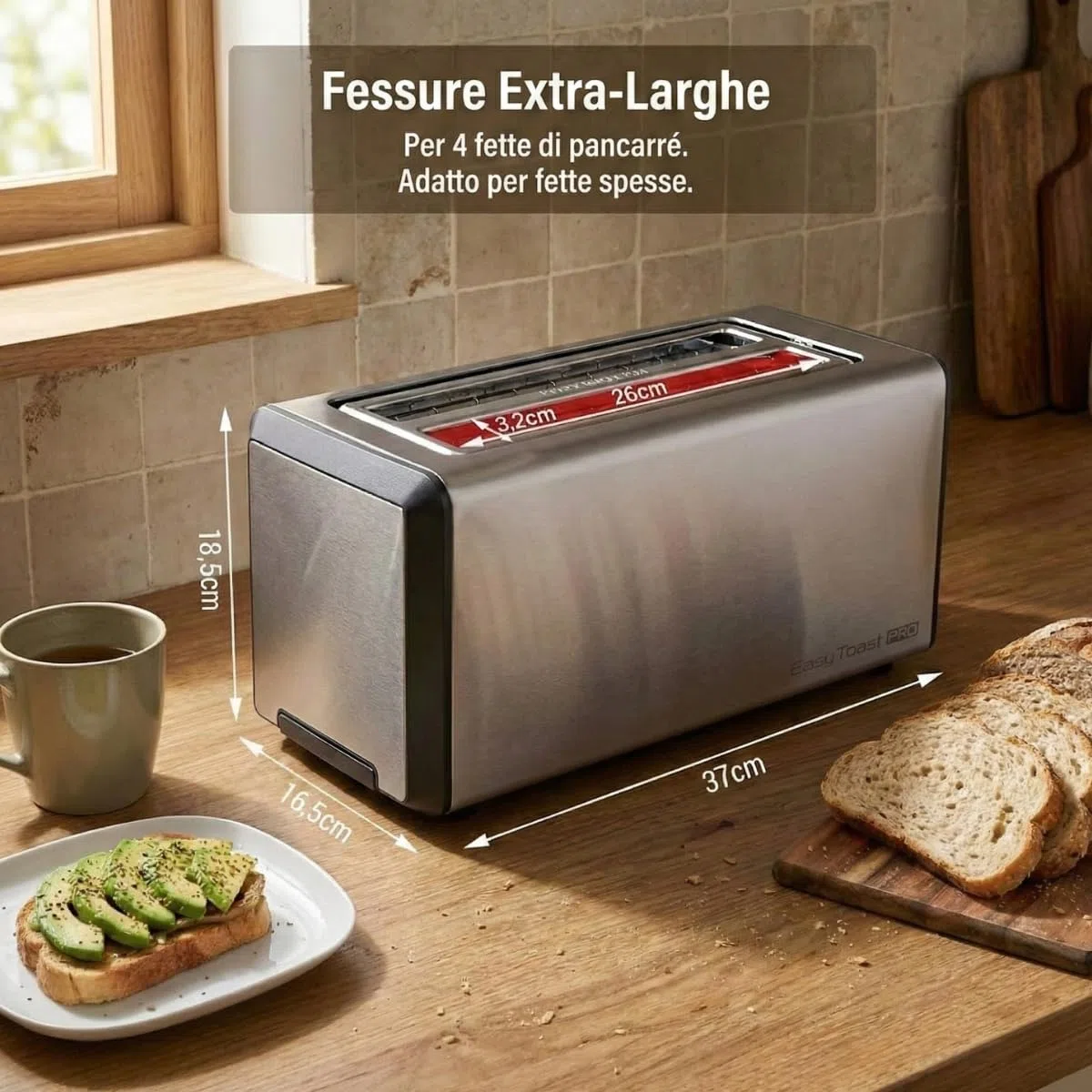 Tostapane Smart Touch Screen in Acciaio Inox - Tostapane 2 Fette con Display LED e Conto alla Rovescia, 6 Programmi di Tostatura, Funzioni Scongelamento e Riscaldamento, Vassoio Raccoglibriciole