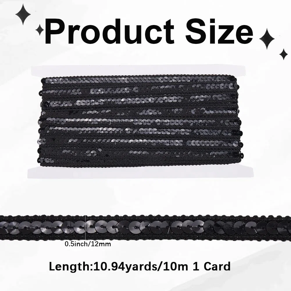 10M Strisce di Paillettes Nere Glitterate Nastro A Singola Intrecciato Pizzo Elastico Piatto Rotondo Paillettes Rotoli Nastri Lucidi in Poliestere per Abbigliamento Accessori Decorazione Fa