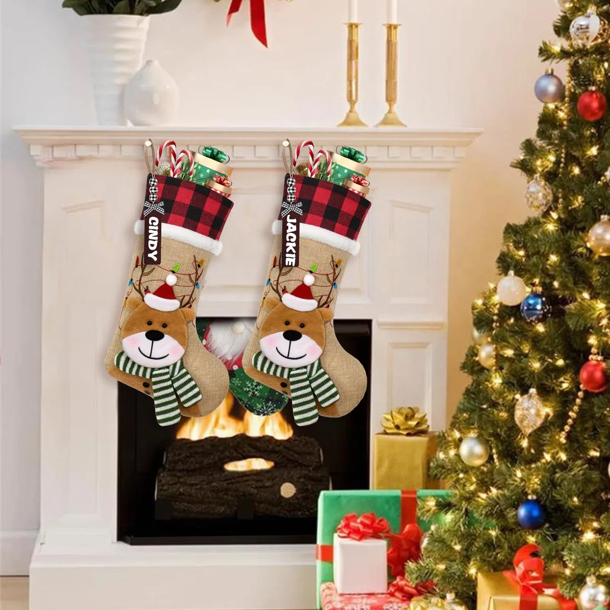 Calze di Natale, Calze Natalizie da Appendere,Calza Natale Personalizzata con 3D Renne, Decorazioni Natalizie Calze Natalizie per Casa, Camino, Albero di Natale