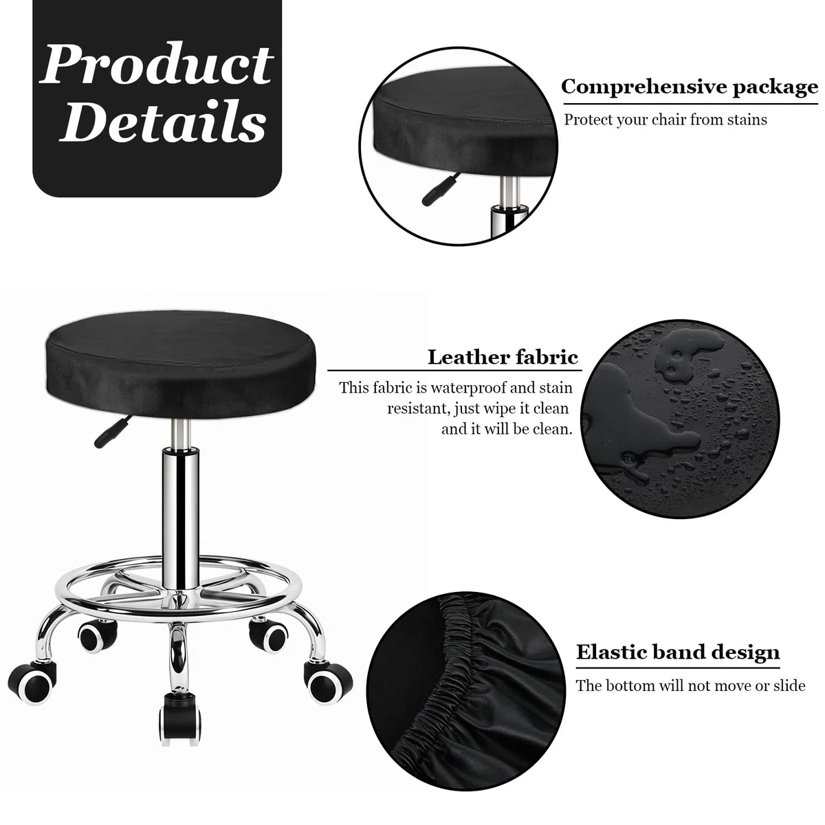 Confezione da 2 coperture rotonde per sgabello da bar, 34 cm, in ecopelle, impermeabili, per bar, cucina, sala da pranzo, sedia da casa e ufficio (nero)