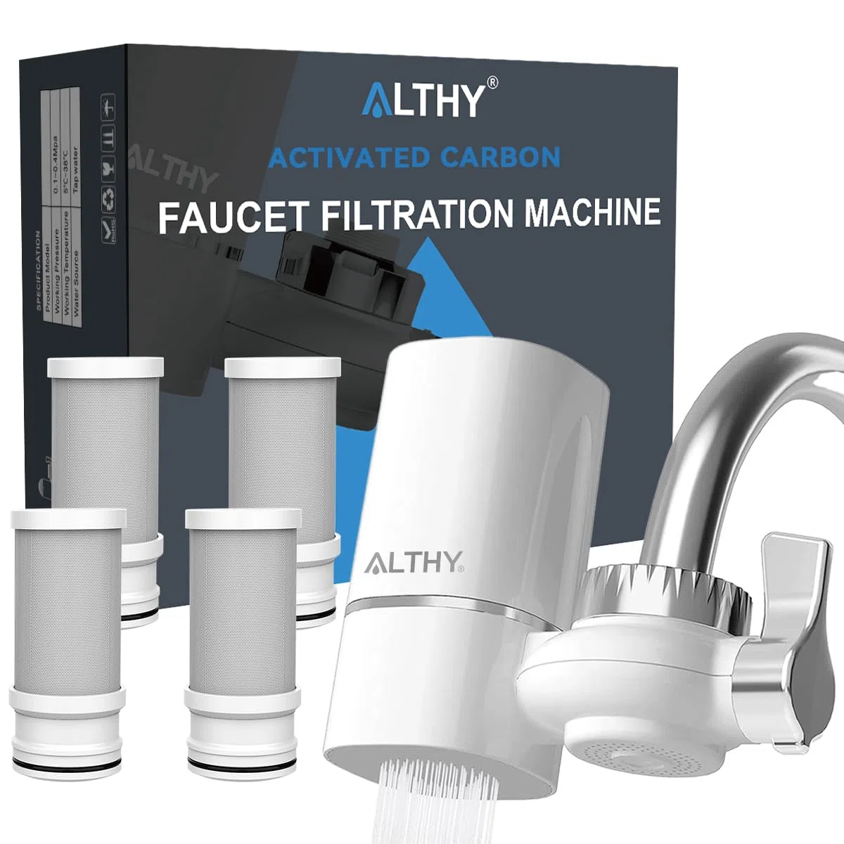 ALTHY T1 Filtro Acqua Rubinetto, Sistema Filtro on Tap Di Filtraggio Con Fibra Di Carbonio Attivo, Senza BPA, Rimuove Cloro, Metalli Pesanti e Cattivo Gusto (4 Filtri Inclusi)