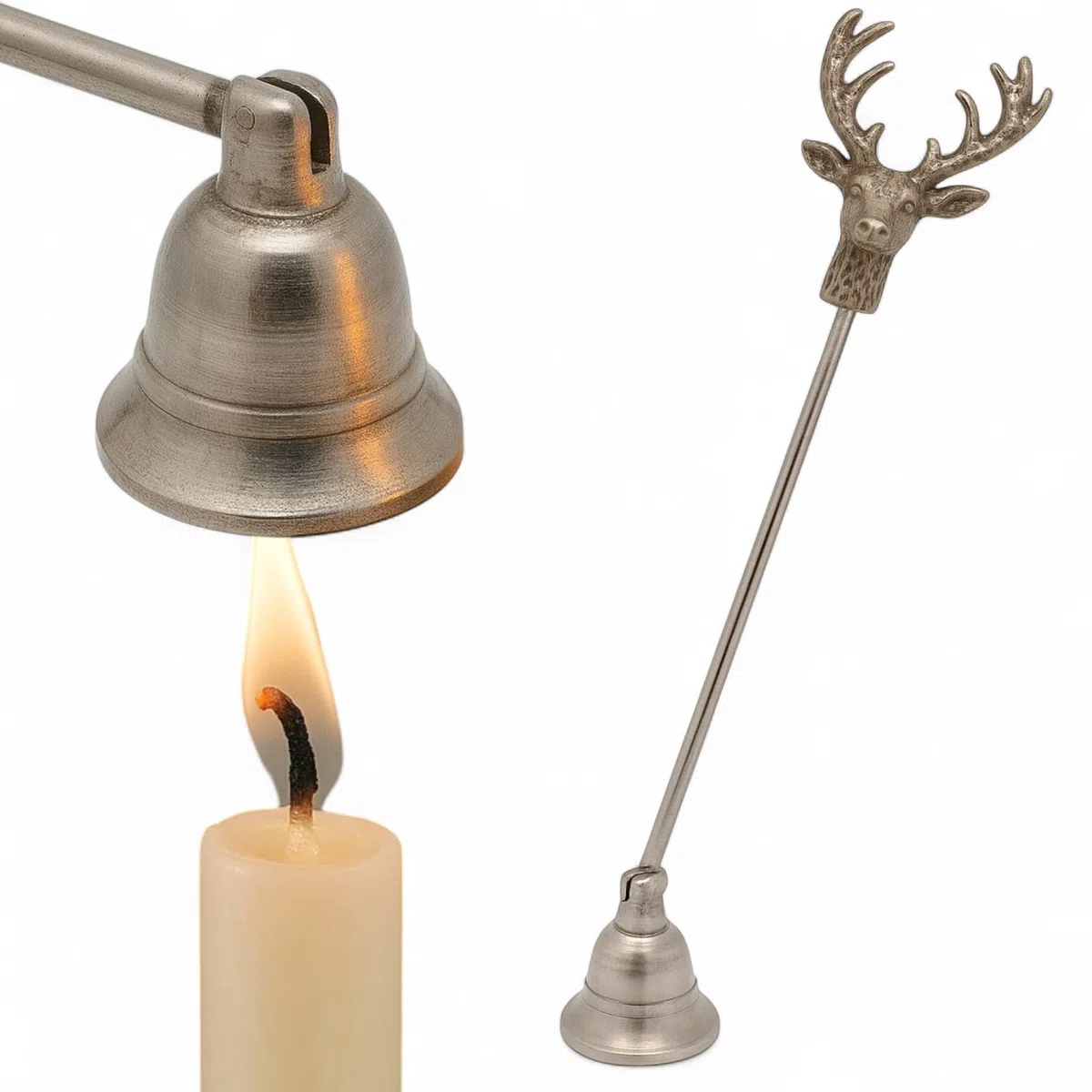 Estintore per candele, in metallo, con manico e snodo, strumento per candele, estintore per stoppini (argento – testa di cervo)