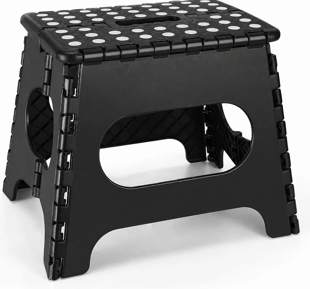 Sgabello pieghevole da 27 cm, nero, pieghevole, con portata di 150 kg, superficie antiscivolo e maniglia per il trasporto, per cucina, bagno, campeggio e bambini