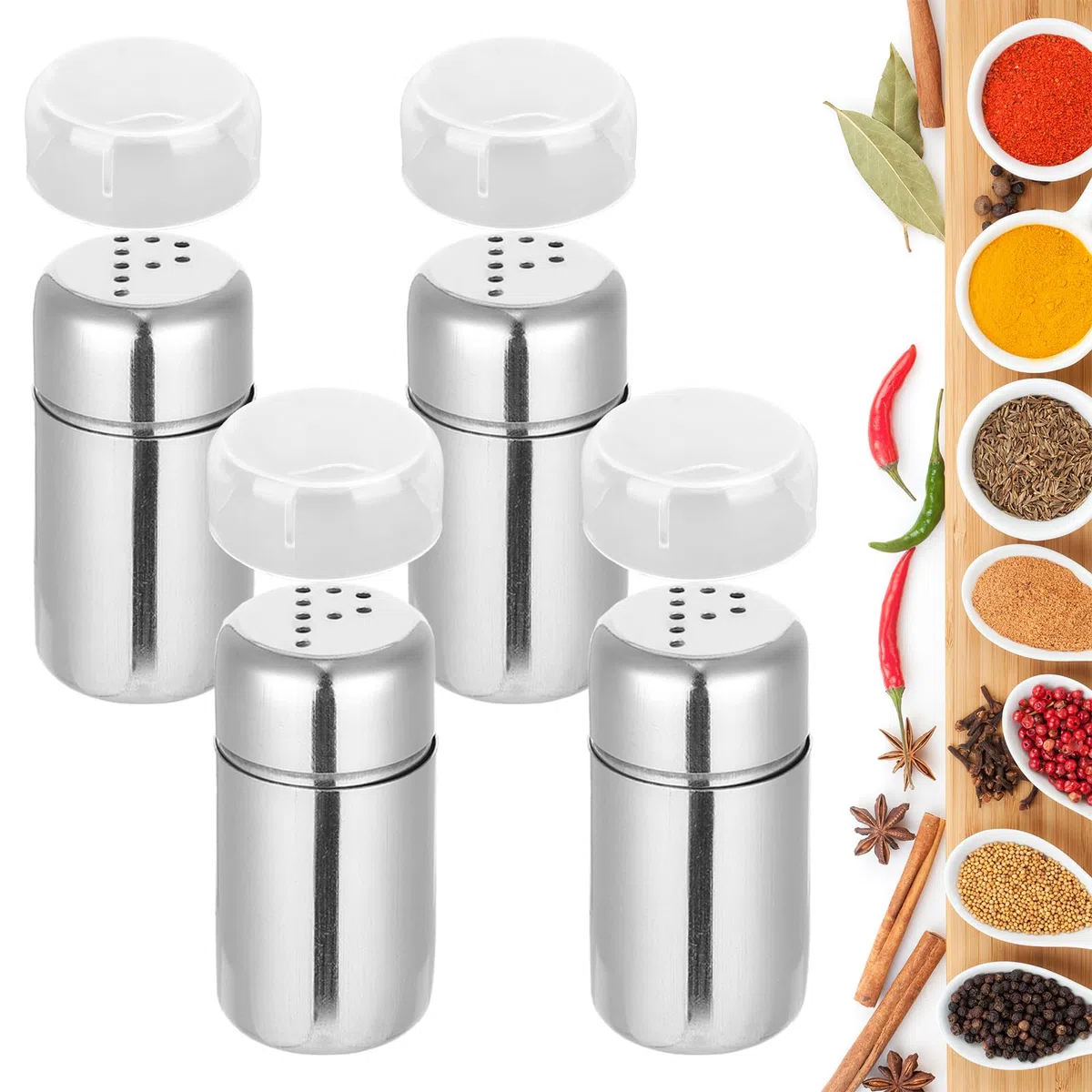 4 saliera con coperchio, mini saliera in acciaio inox con fori fini, adesivi, contenitore per spezie antiruggine per pepe, per viaggi, ristoranti, campeggio e barbecue all'aperto