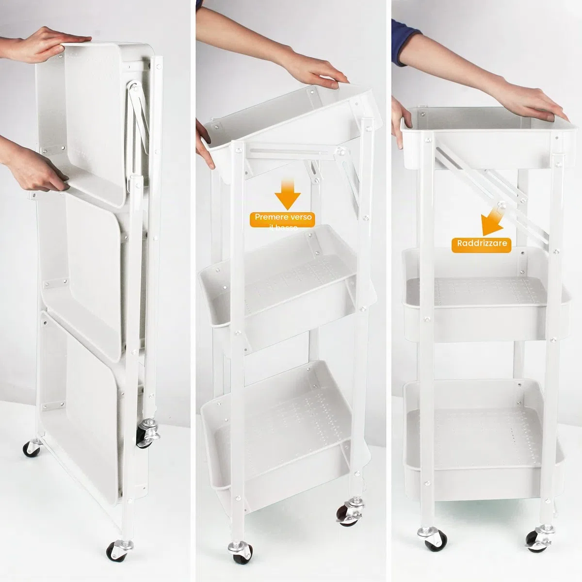 Todeco Carrello pieghevole a 3 livelli, carrello da cucina, senza assemblaggio, 46 x 29 x 78 cm, per cucina, ufficio, bagno, guardaroba, bianco
