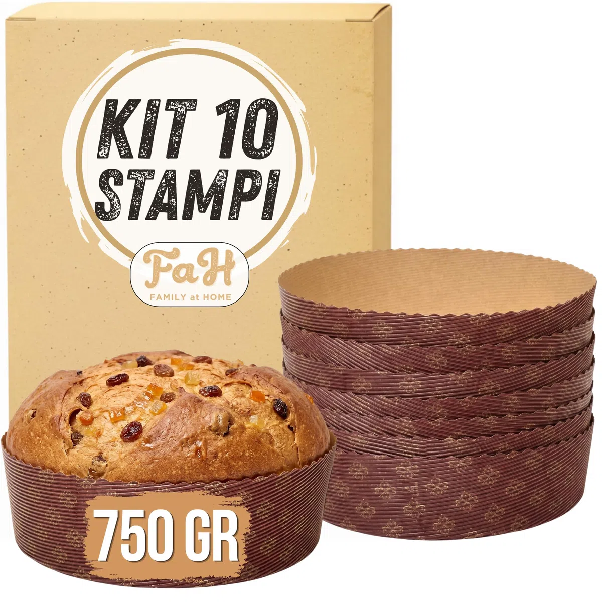 FAH - Stampo per Panettone Basso 750 gr Qualità Premium (10 pz) - Pirottini Panettone Professionale di Carta Ondulata di Pura Cellulosa in Microonda, Resistente al Calore 220°C