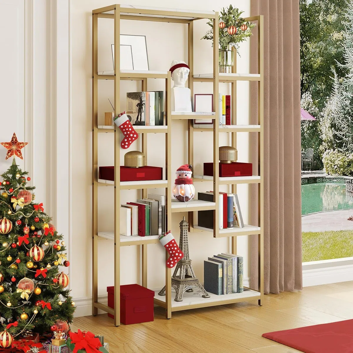 YITAHOME Scaffale dorato a 6 livelli, scaffale moderno da 71 pollici di altezza con ripiano a 12 ripiani, ripiano in marmo sintetico aperto per soggiorno, camera da letto,
