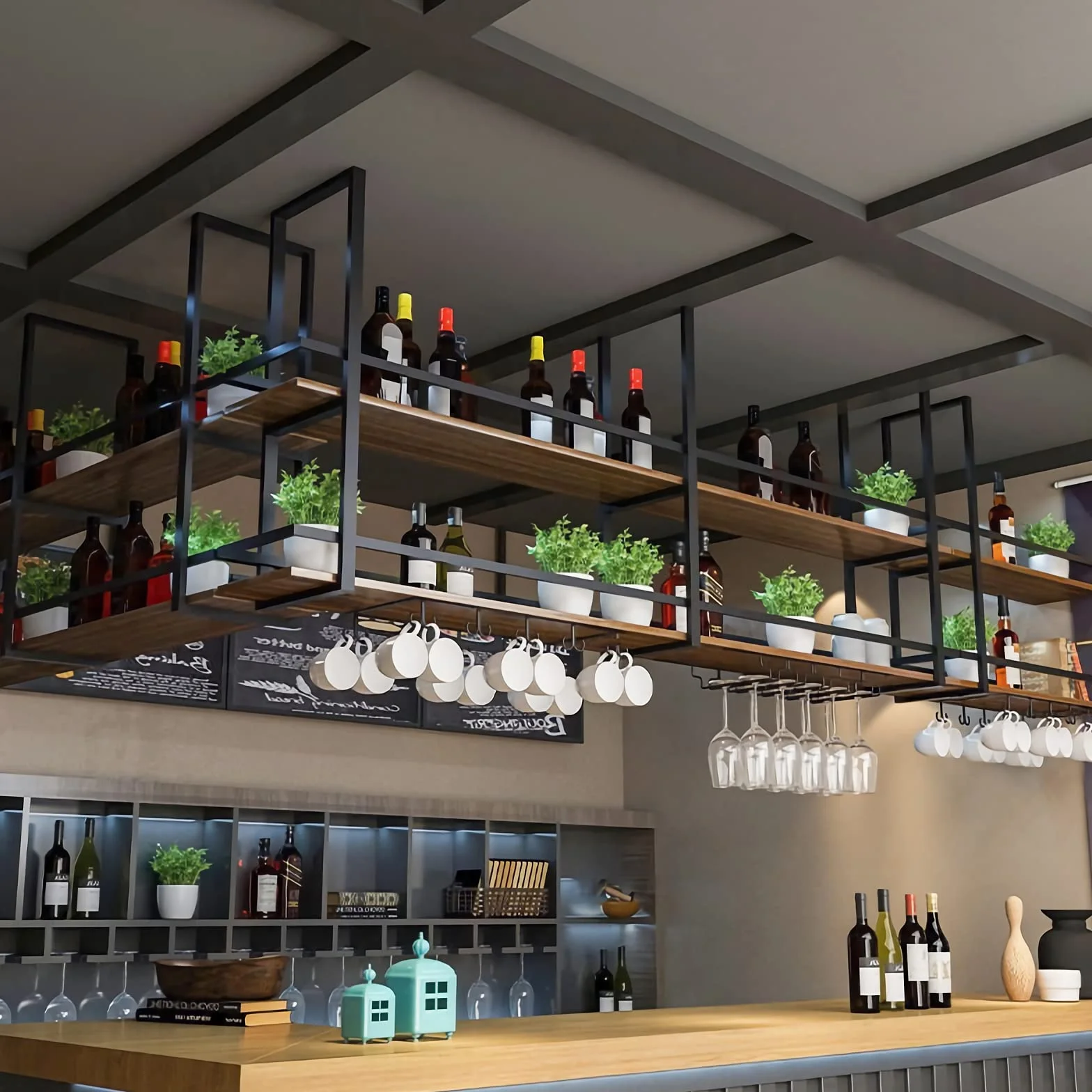 Portabottiglie da Soffitto - Mensola da Soffitto Porta Bicchiere da vino Sospeso, Portabottiglie da Appendere Industriale 2 strati per Cucina Bar Caffetteria (100×30×80cm, Black)