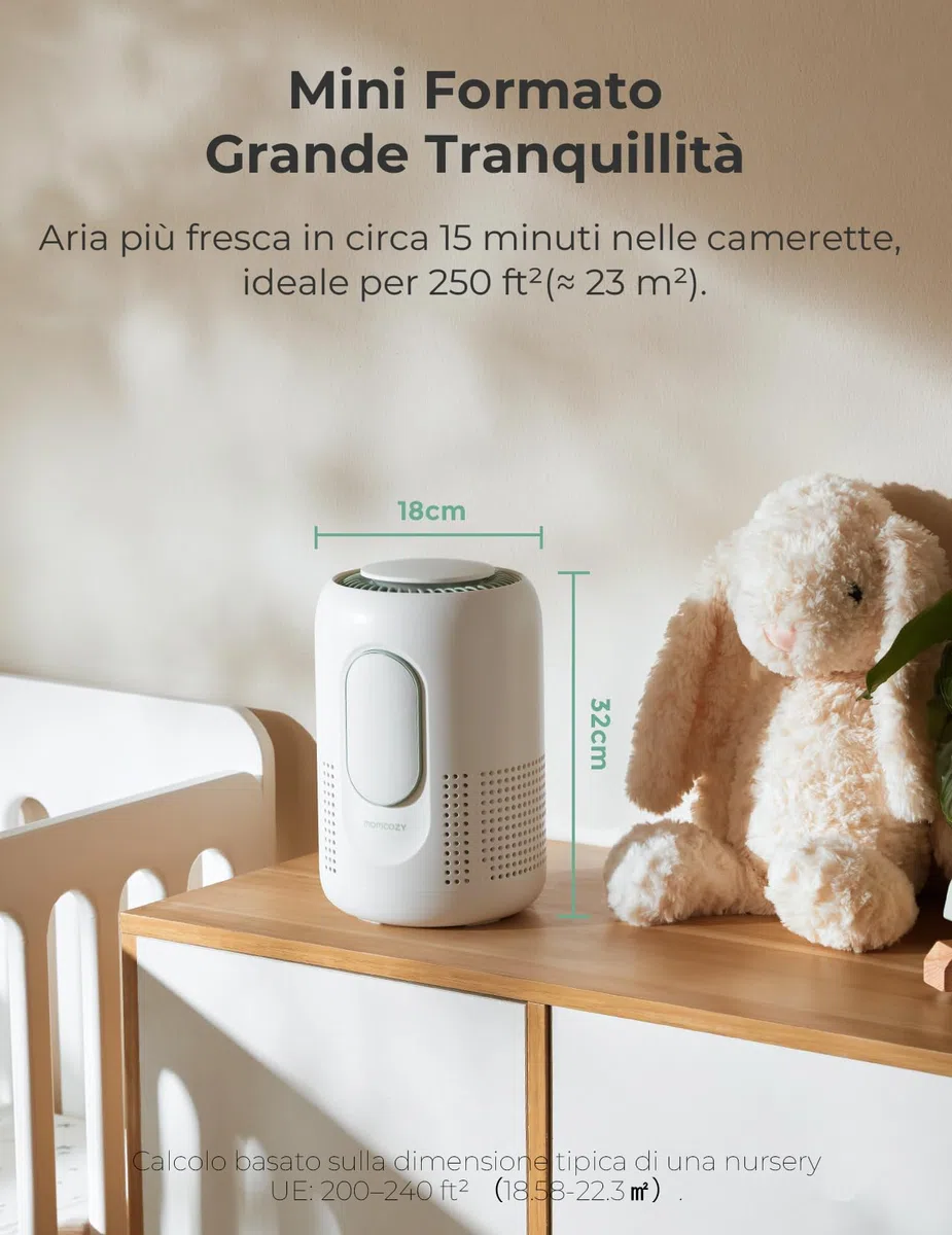 Momcozy Purificatore d'Aria per Cameretta, 4 Filtri HEPA H13 + Carbone Attivo, Monitor PM2.5 in Tempo Reale con Display 3 Colori, Sleep 21 dB, Luce Notturna Dimmerabile