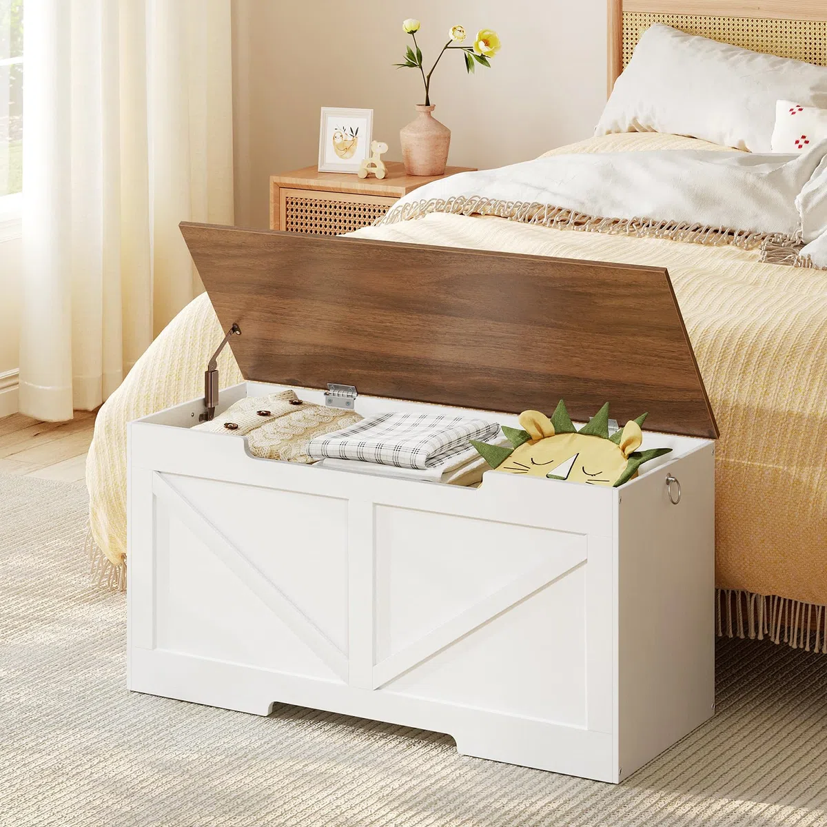 HOOBRO Cassapanca, Panca Contenitore per Bambini, con Cerniere di Sicurezza, Grande Piano, Manico Incorporato, Poggiapiedi, Baule per Giocattoli, Sgabello, 100 cm, Bianco e Noce EWH771CW01G1