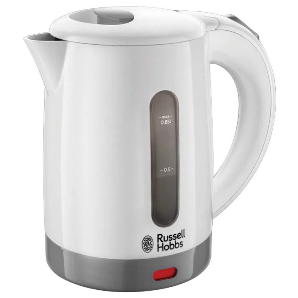 Russell Hobbs Bollitore acqua Elettrico da Viaggio, 0.85 L, 1000 W, 2 Tazze + 2 cucchiaini inclusi, tensione regolabile per uso in tutto il mondo, Filtro removibile, Plastica, Bianco, Travel 23840-70