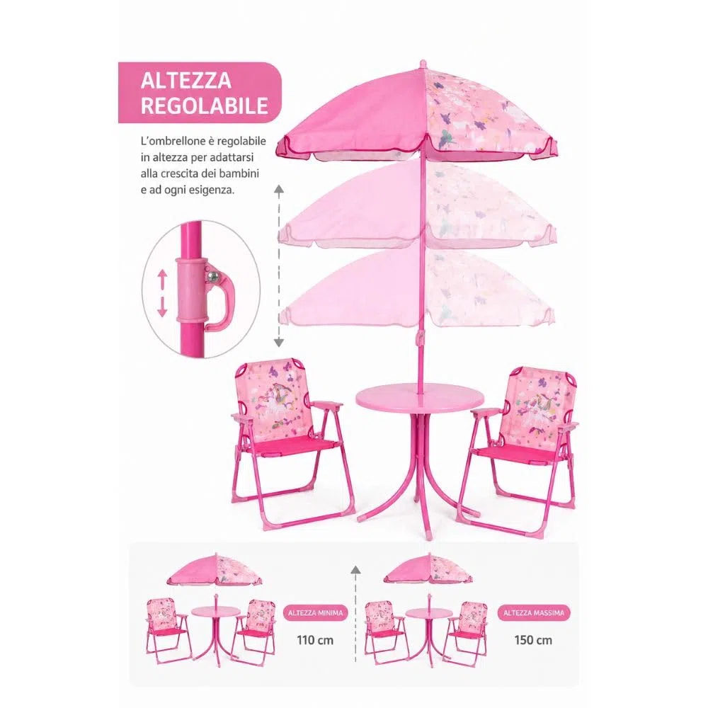 Set Bimbi 2 Sedie + Tavolo con Ombrellone – Pieghevole, Altezza Regolabile, Leggero e Portatile – Ideale per Giardino, Spiaggia e Casa (Rosa)