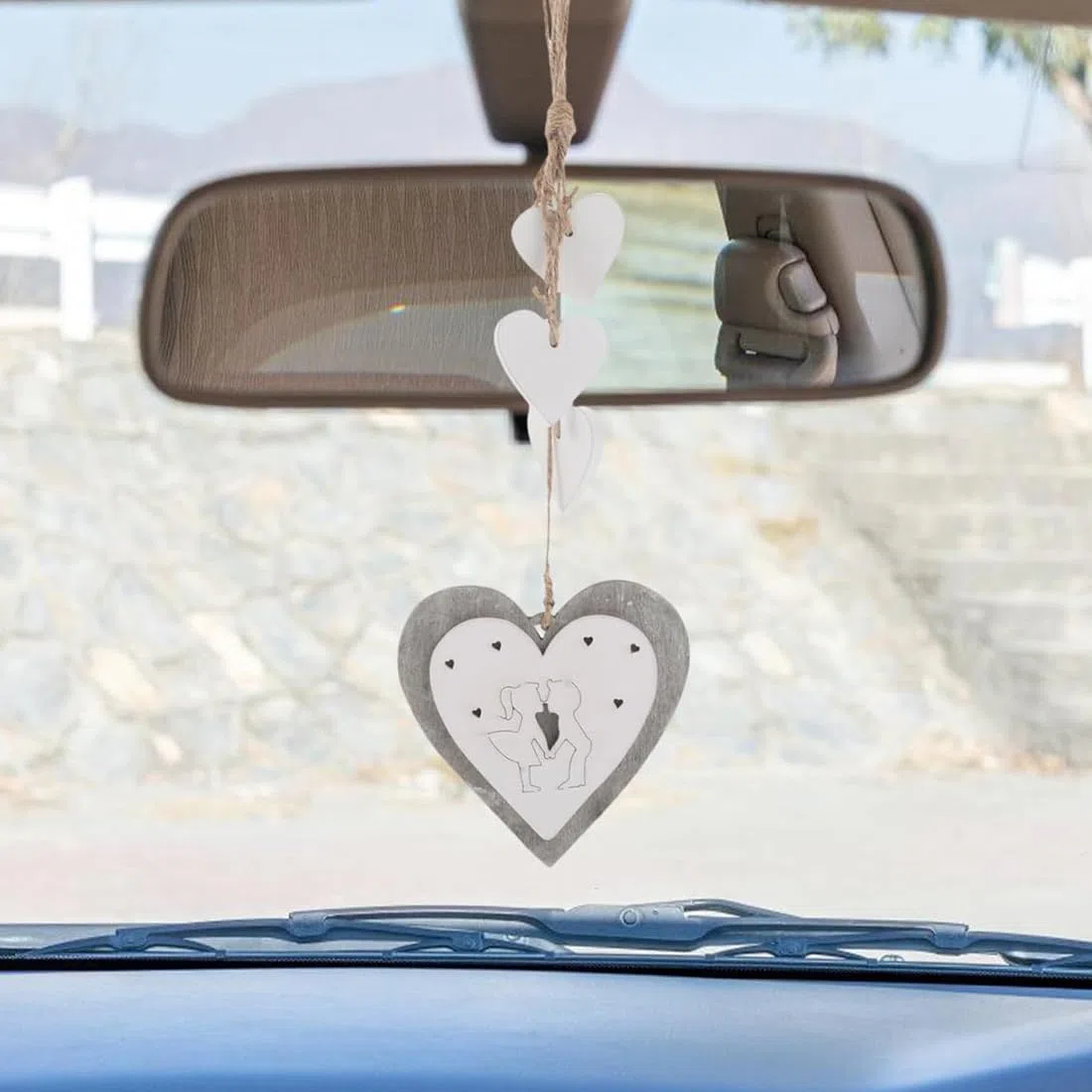 2 pezzi decorazione a forma di cuore mobile, decorazione per finestre, in legno naturale, bianco, cuore in legno, decorazione da appendere