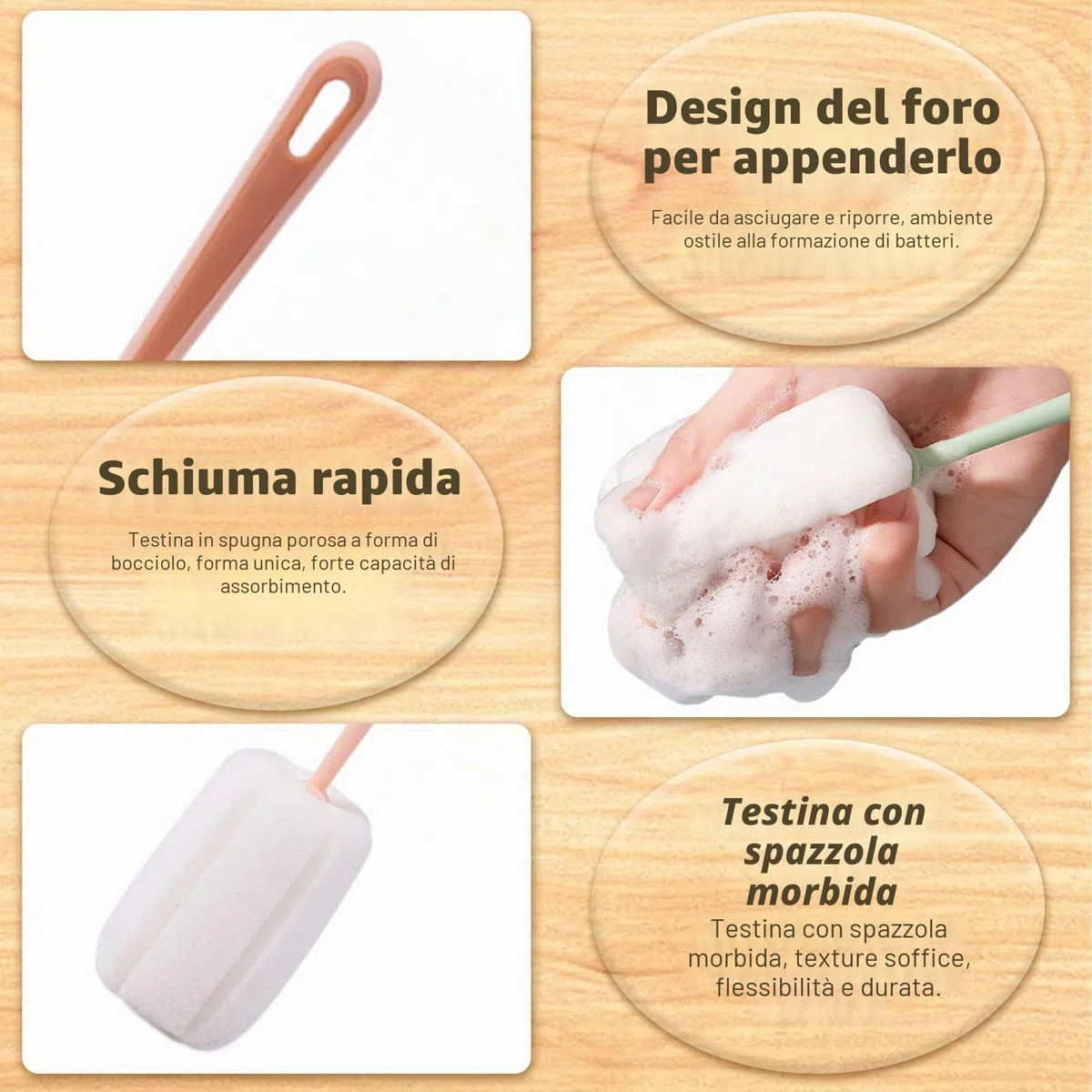 4 confezioni di spazzole per la pulizia con spugna morbida, spazzole per la pulizia con manico in plastica per biberon, borracce e tazze, strumento di pulizia per thermos e tazze (bianco, verde, blu