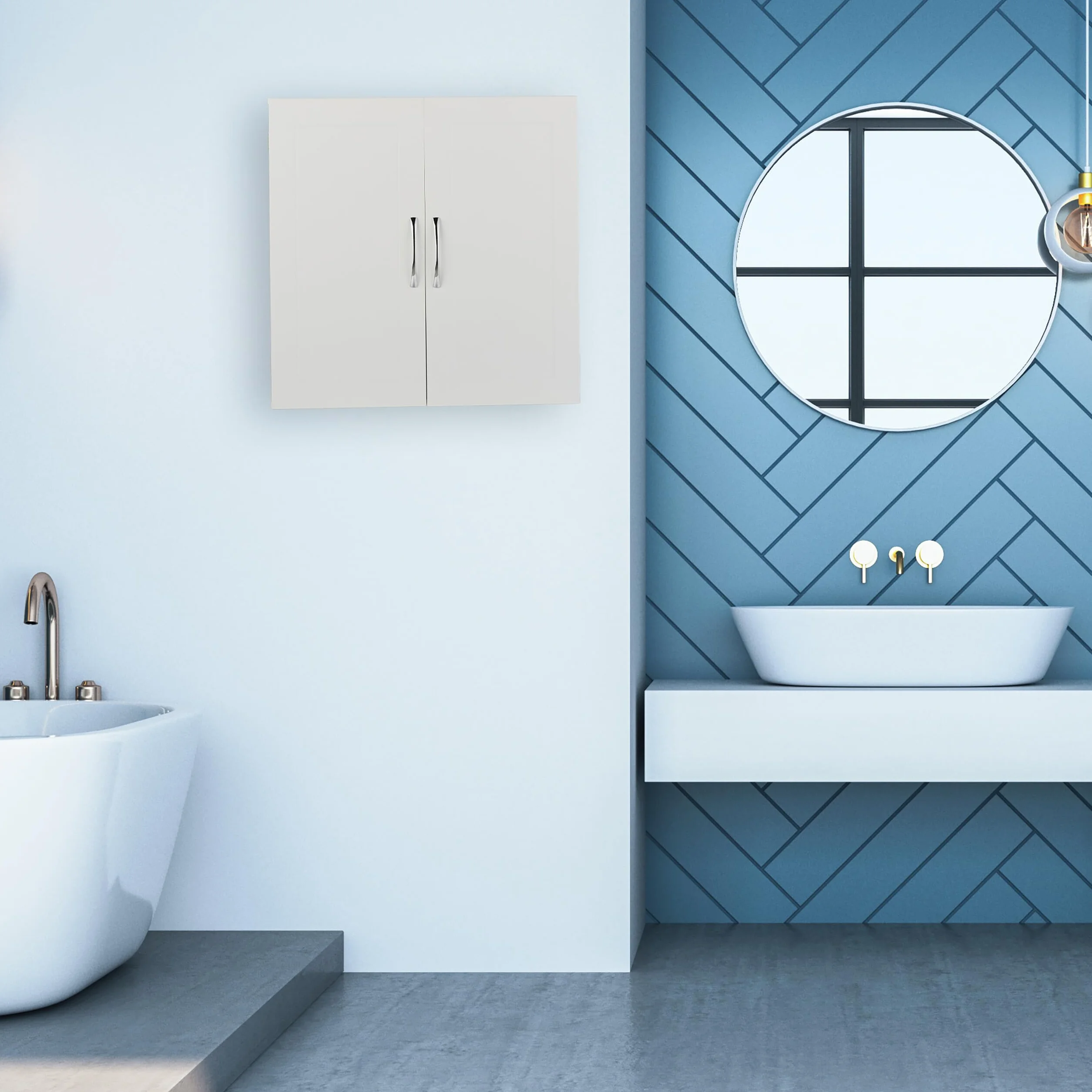 Relaxdays Mobiletto da Bagno Pensile, 3 Ripiani e 2 Ante in MDF, Armadietto Sospeso da Parete, HLP: 60x60x20 cm, Bianco