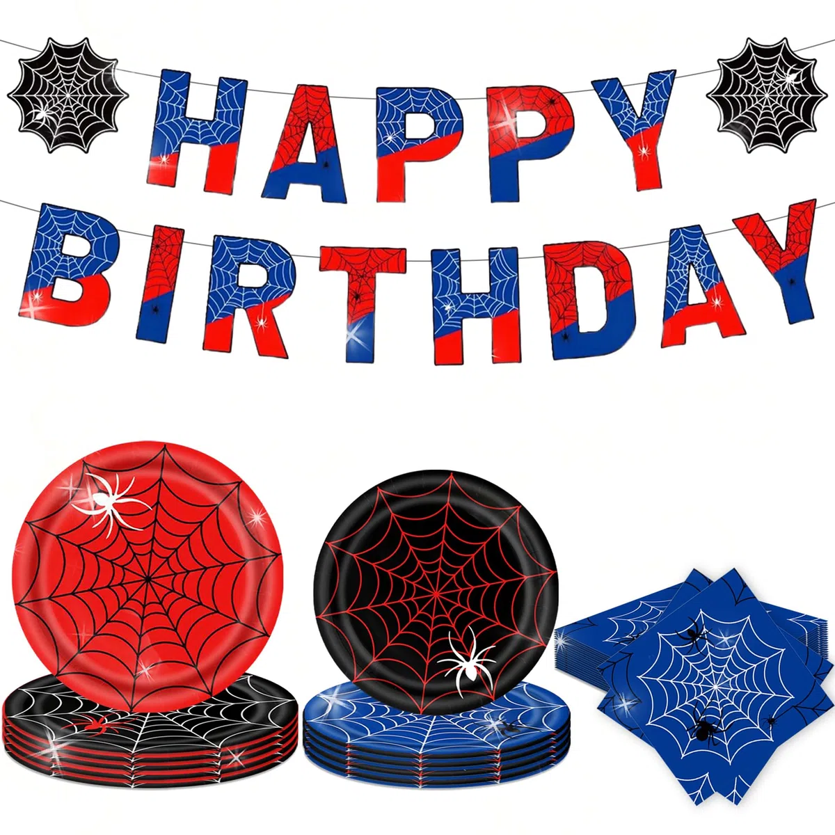 LaVenty striscioni compleanno rossi e neri stoviglie festa supereroi set stoviglie ragno articoli compleanno bambini decorazioni feste set stoviglie party