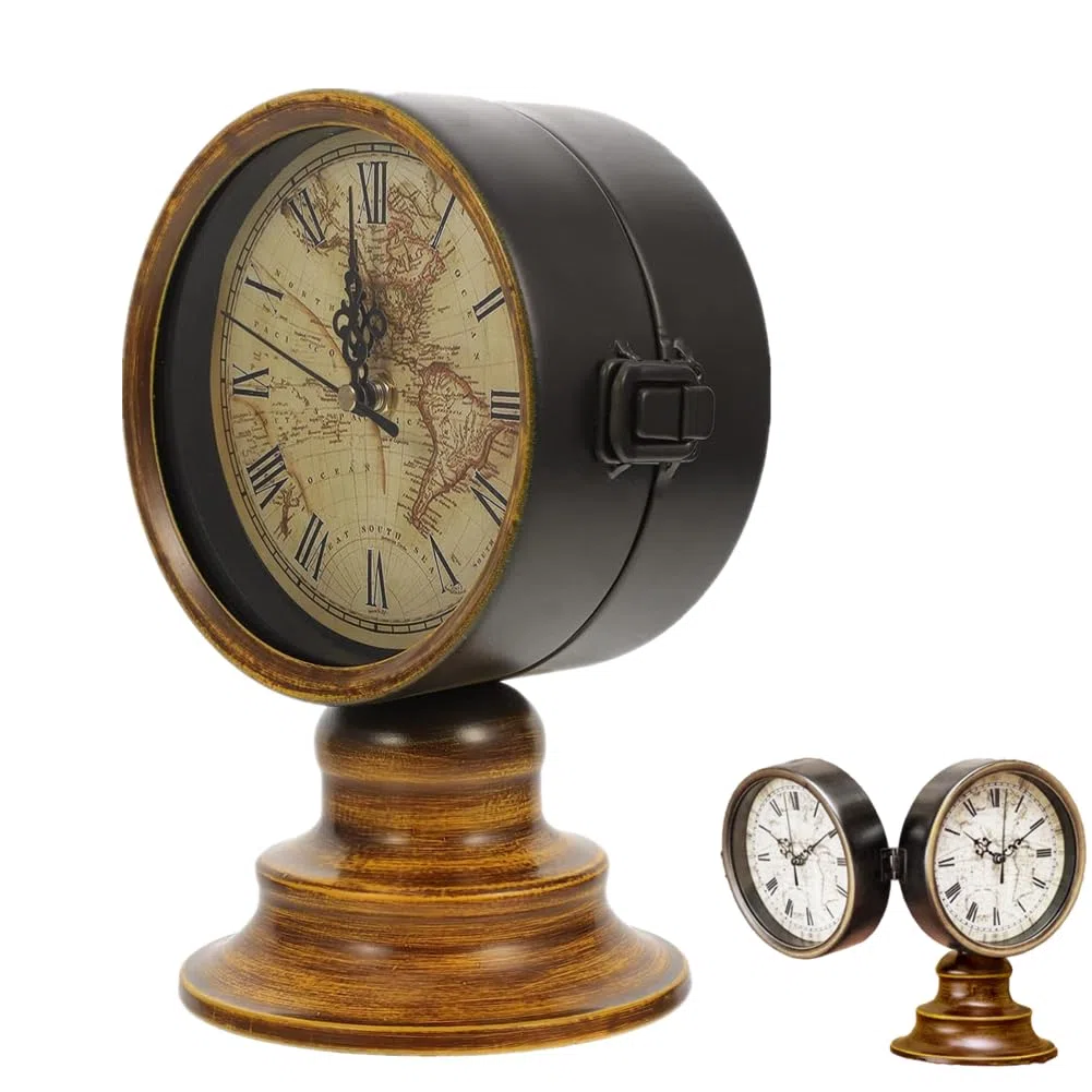 Sveglia senza Ticchettio,Bifacciale Classico Orologio da Scrivania Analogico con Mappa Del Mondo Retrò,Silenzioso Sveglia da Comodino e da Scaffale