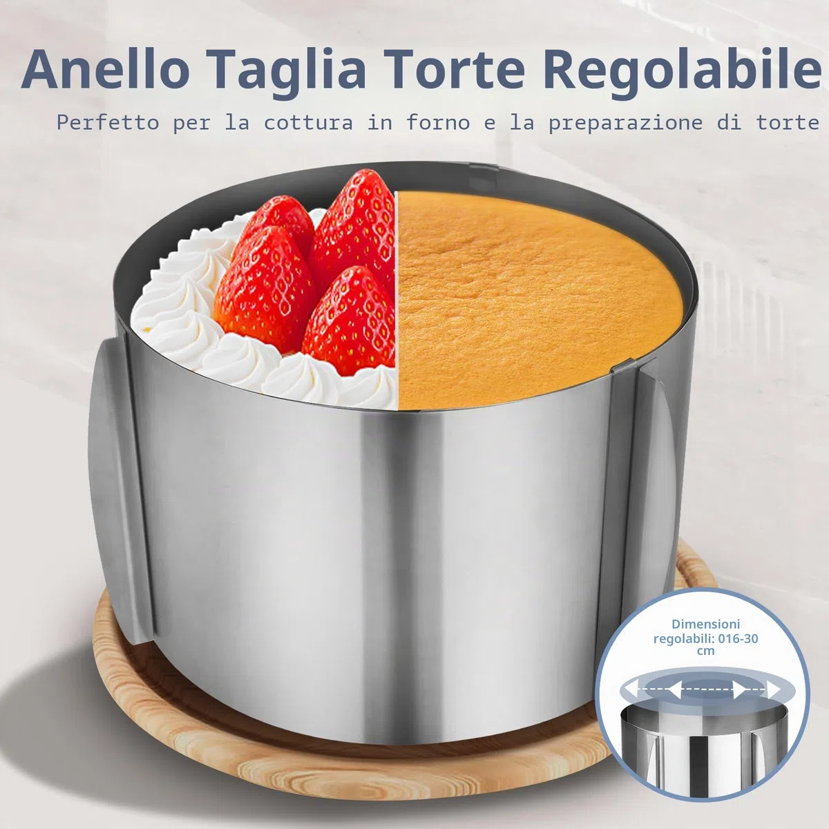 KITDAHOM Anello Regolabile per Torte - Stampo da Forno Rotondo 15 cm di Altezza Ø 16-30 cm - Acciaio Inox - Resistente al Calore, Stabile, con Scala - Per Cottura, Decorazione e Modellatura di Torte