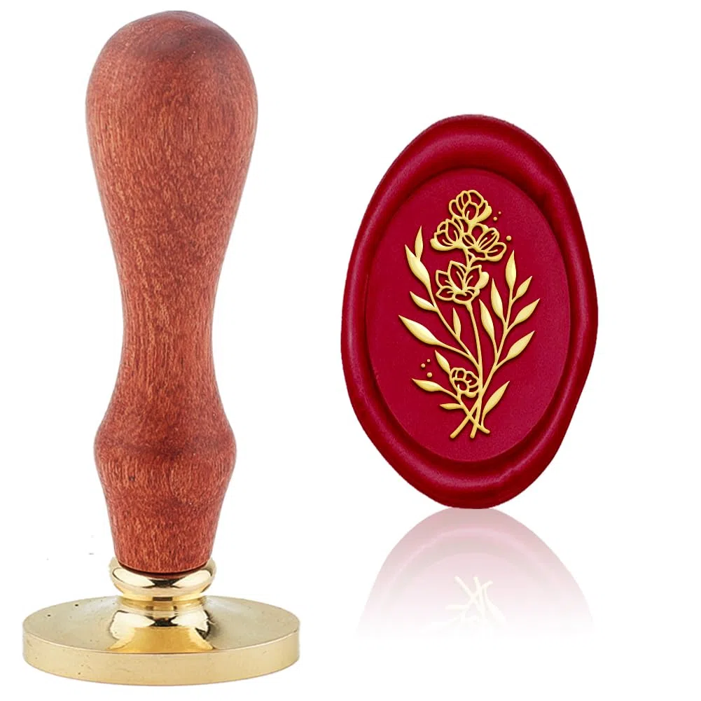 Timbro in stile retrò, con fiori di cera, intercambiabile, per fai da te, con sigillo vintage, con testa ovale in ottone, manico in legno, per San Valentino, inviti di nozze